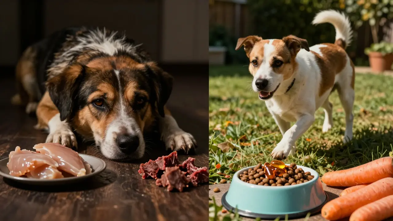 Сравнение: собака до и после смены рациона на полезное мясо для снижения судорог.