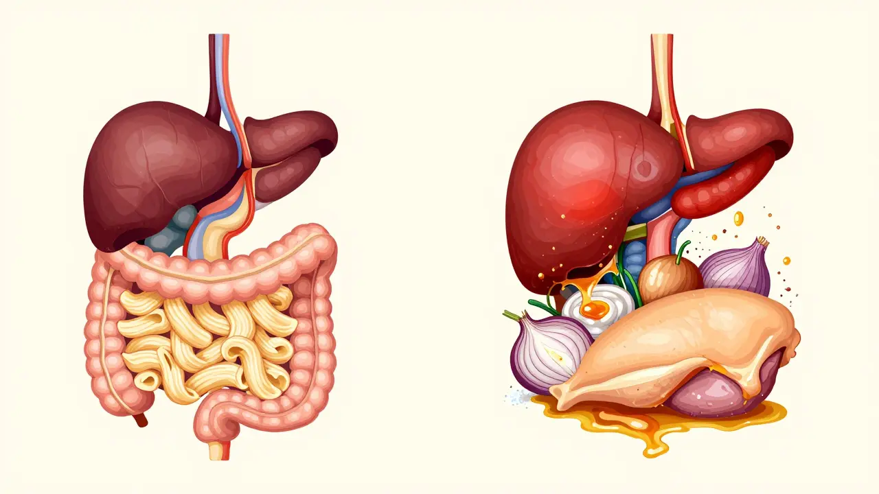 Сравнение здоровой и поврежденной поджелудочной железы собаки при употреблении человеческой пищи.