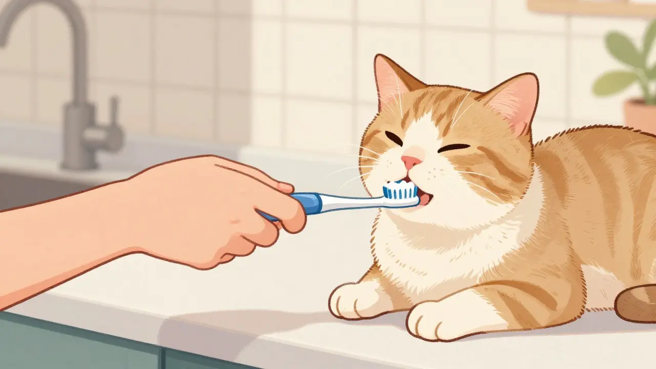 Человек чистит зубы кошке мягкой щеткой