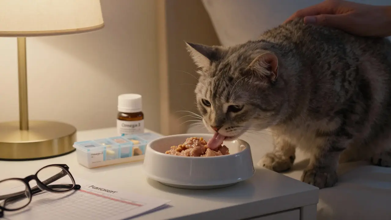 Пожилой кот ест мягкую еду, рядом лежат лекарства и график веса, тёплый вечерний свет.