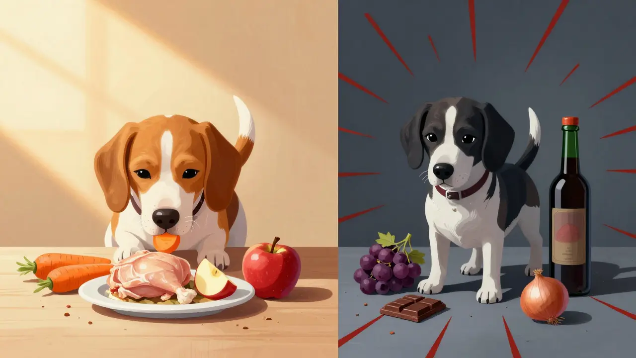 Разделённая сцена: спаниель ест полезную еду слева и окружён ядами справа.