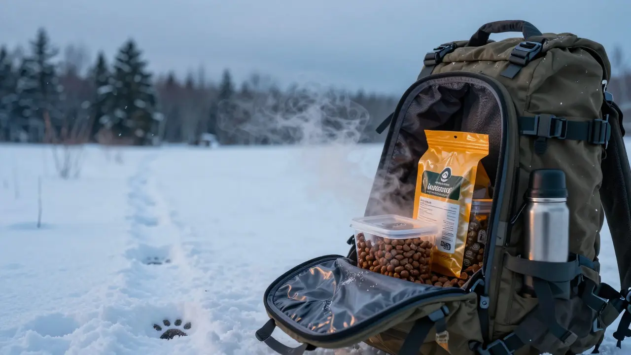 Рюкзак охотника с контейнерами влажного корма и следами лапы в снегу.