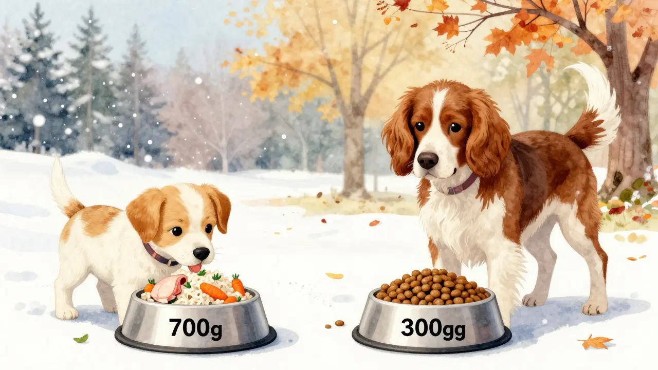 Щенок и взрослый спаниель рядом с разными порциями натурального корма и сухого корма