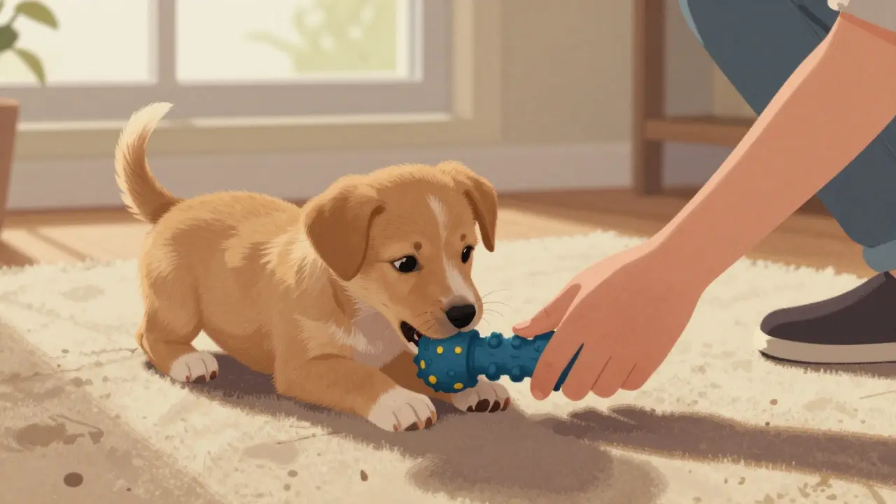 Щенок играет с резиновой игрушкой, человек мягко направляет его внимание от ботинка.