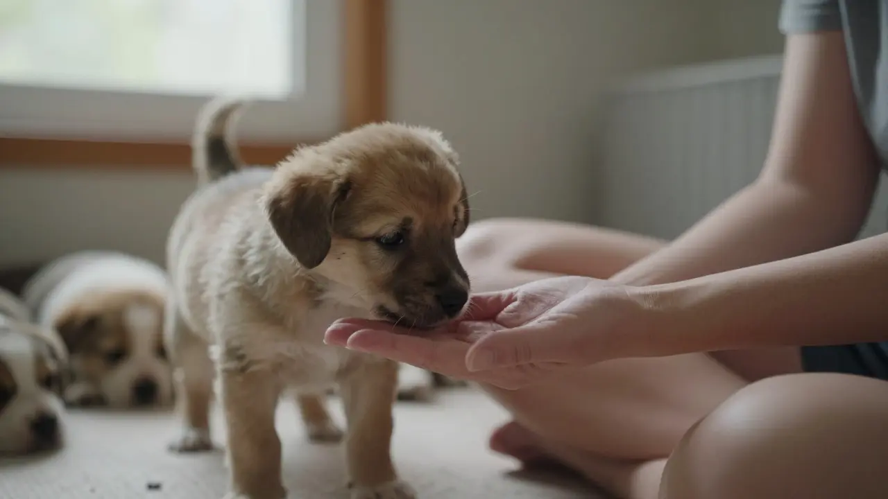 Щенок осторожно нюхает вытянутую ладонь человека, который не смотрит в глаза.