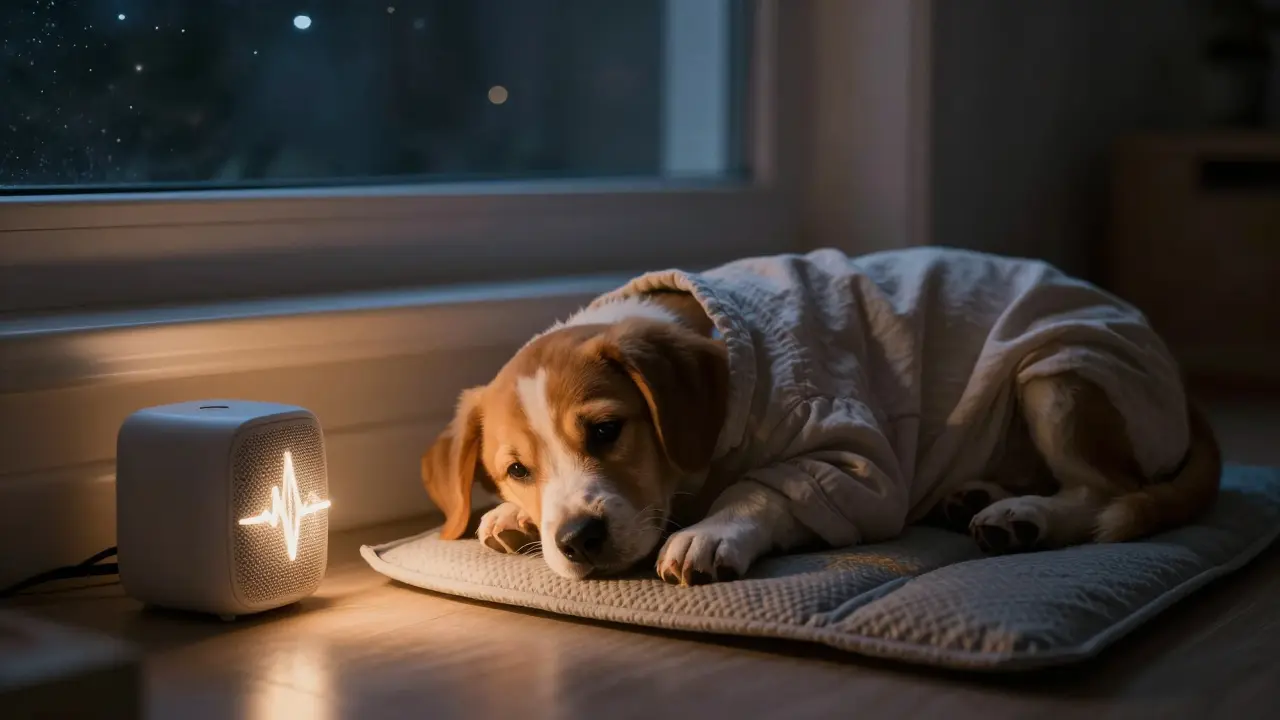 Щенок спит рядом с тёплой грелкой в форме одежды, в тихой комнате с ночным светом.