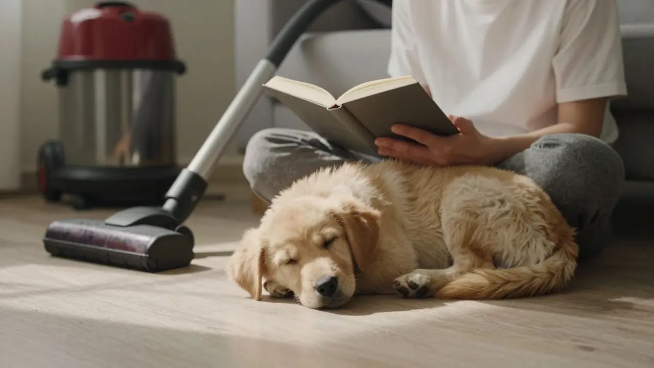 Щенок спокойно лежит у ног человека, даже когда включён пылесос — проявление доверия.