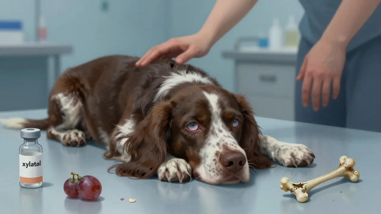 Спаниель лежит в ветеринарной клинике, слабый, рядом — остатки опасных продуктов.