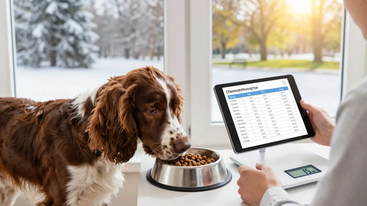 Спаниель у пустой миски, человек держит весы и план питания с сезонными подсказками