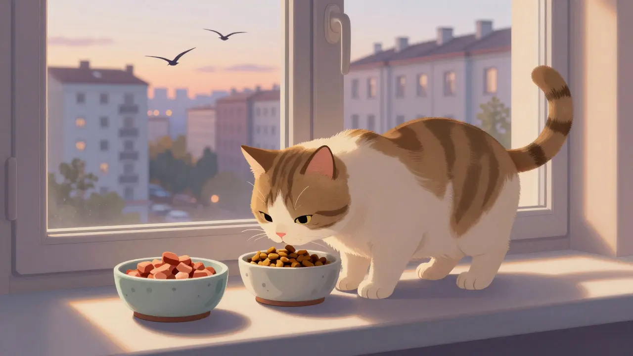 Взрослый кот кормится утром и вечером на подоконнике, за окном меняется свет суток.