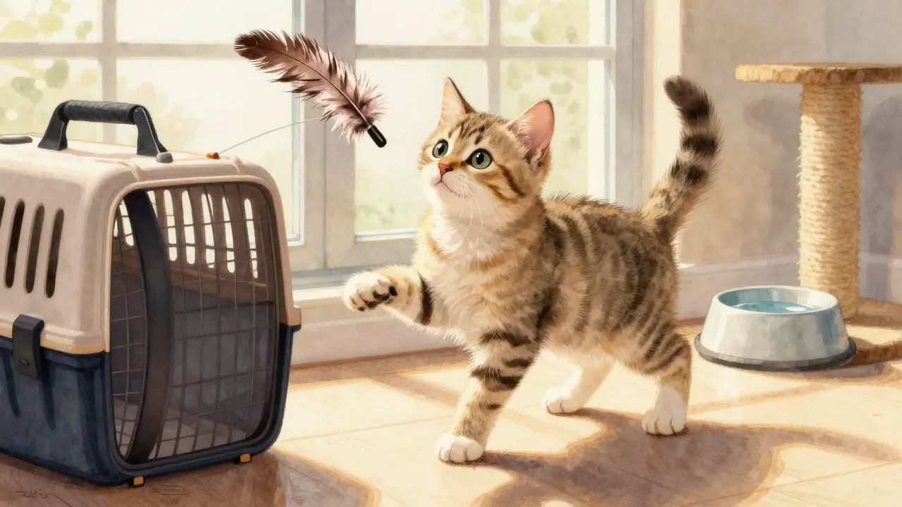 Двенадцатинедельный котёнок играет у окна с перышком, на фоне мисок и царапок.