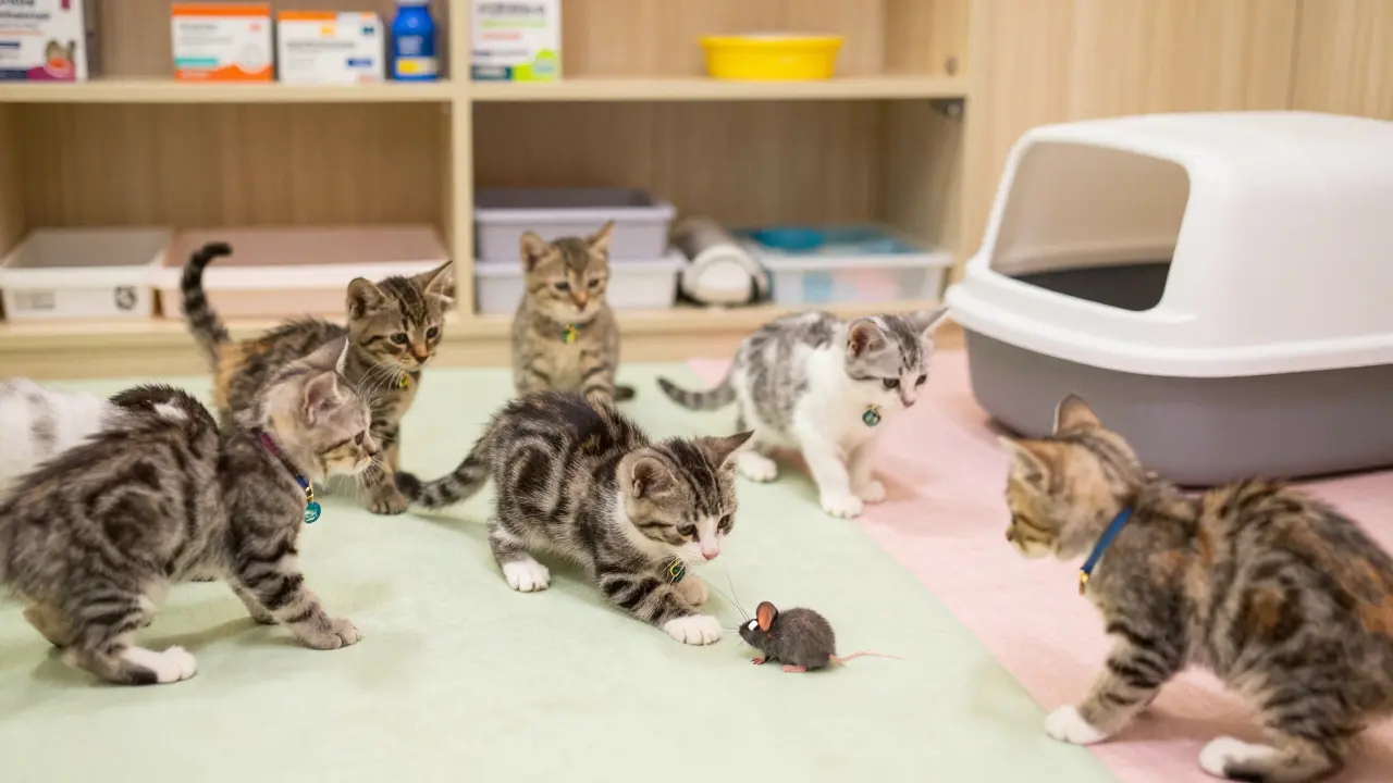 Группа котят 8-12 недель играет и ухаживает друг за другом в приюте, видны миски и лоток.