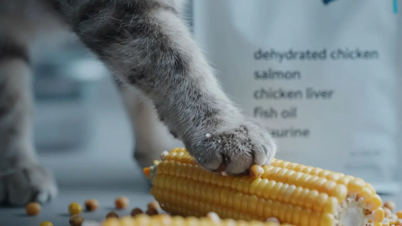 Коготь котёнка на пакете корма с чётко видимыми натуральными ингредиентами, фоном — размытые вредные добавки.