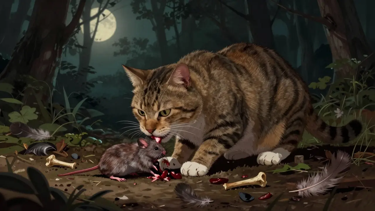 Кошка ест сырую мышь в лесу, вокруг — перья и кости.