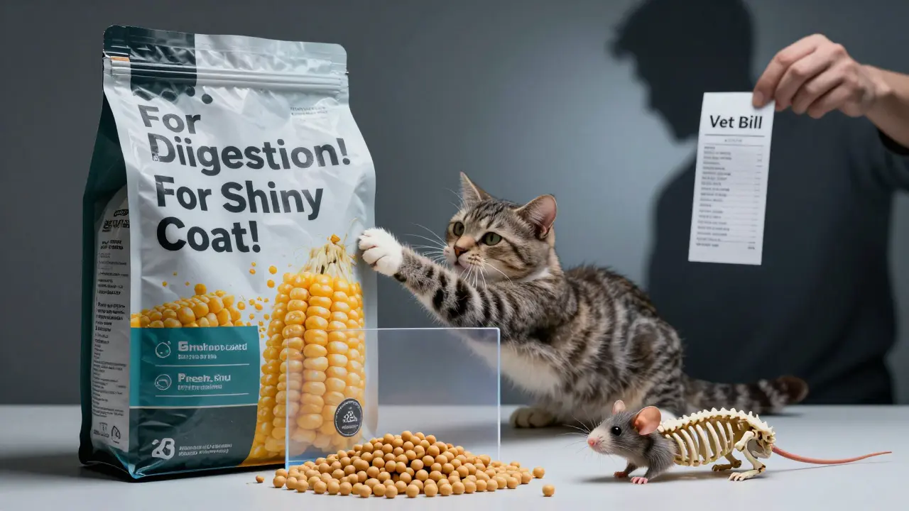 Кошка возле пакета дешевого корма с ложными обещаниями, рядом — скелет мыши.