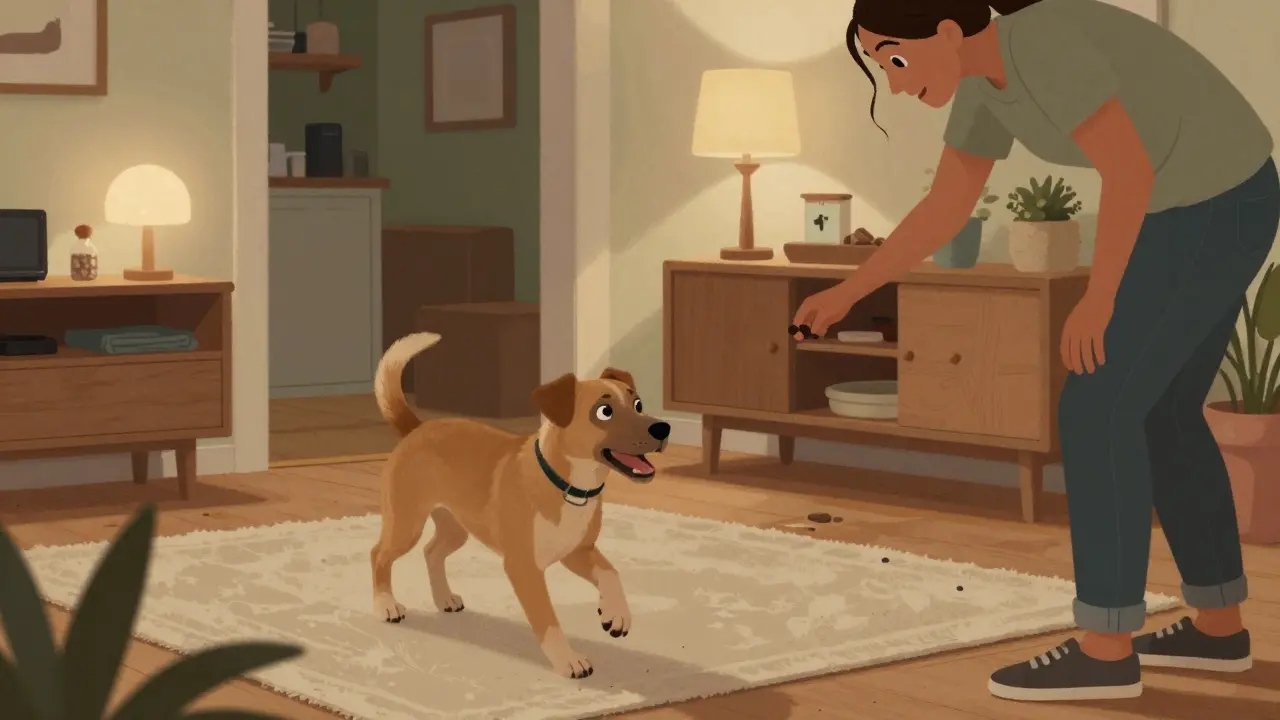 Один щенок тренируется с владельцем в квартире