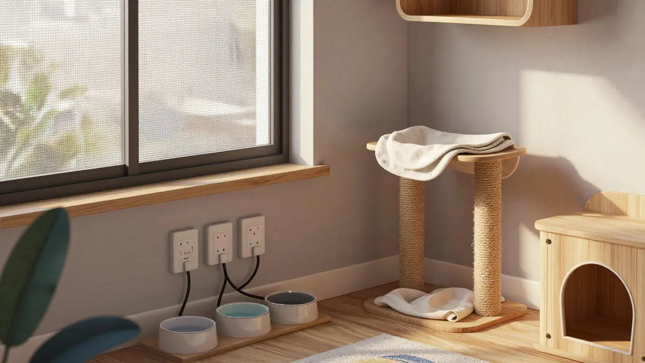 Подготовленная безопасная квартира для котенка с когтеточкой и мисками