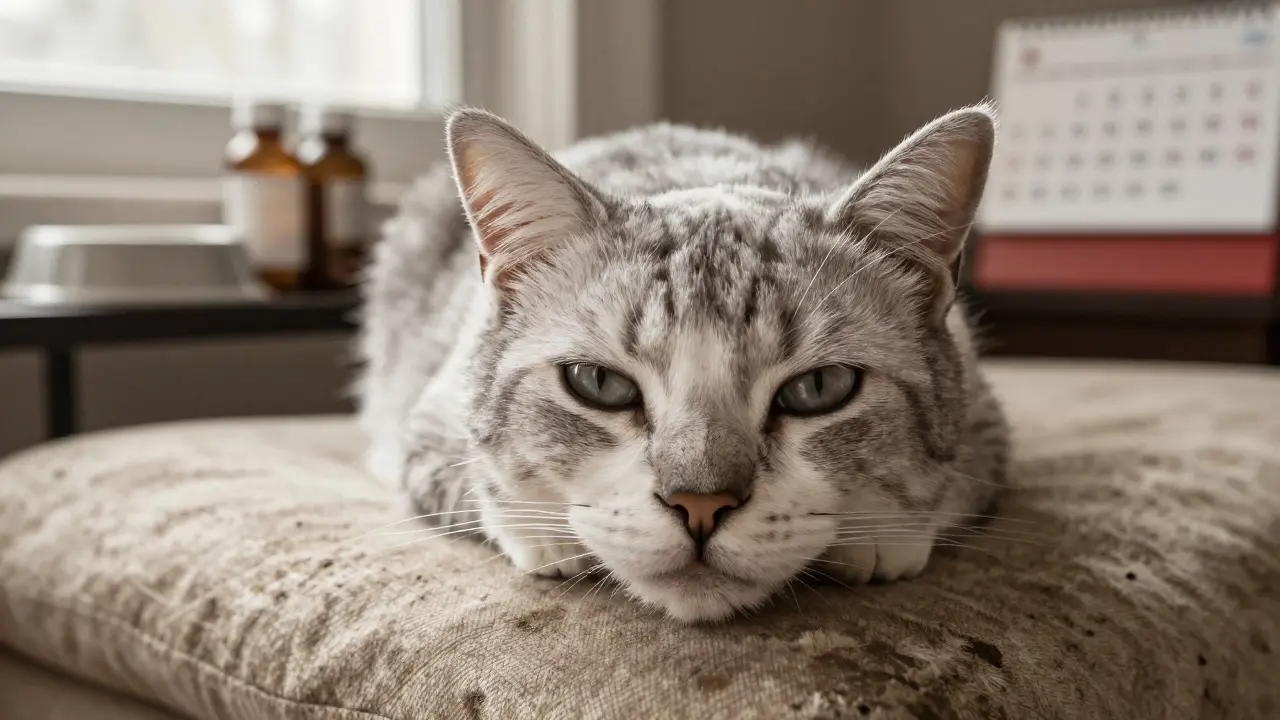 Пожилая кошка отдыхает на диване рядом с медицинскими препаратами