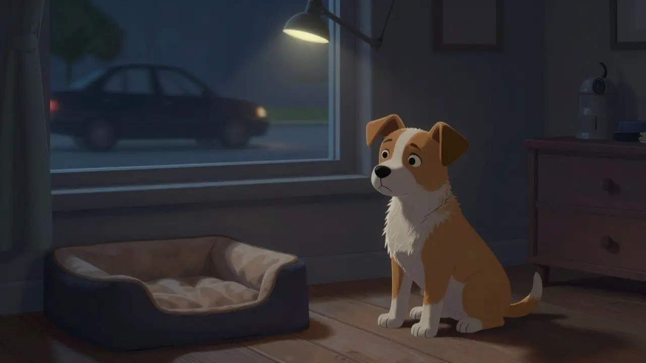 Щенок сидит в темной комнате ночью, испуганно смотрит на тени от уличного света.