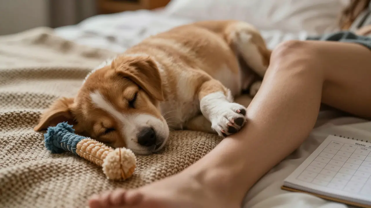 Щенок спит рядом с человеком, одна лапа лежит на его ноге, в комнате тихий свет луны.