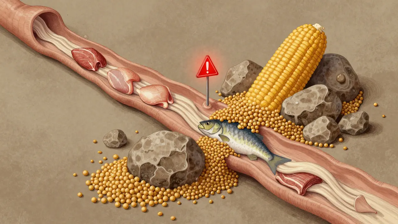 Схема пищеварительного тракта кошки с препятствиями из зерна и сои.