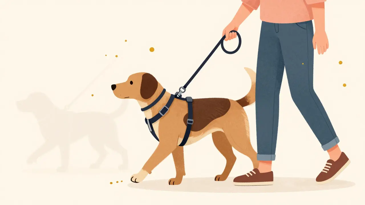 Собака в шлейке с креплением на груди спокойно идет рядом с хозяином, поводок свободный.