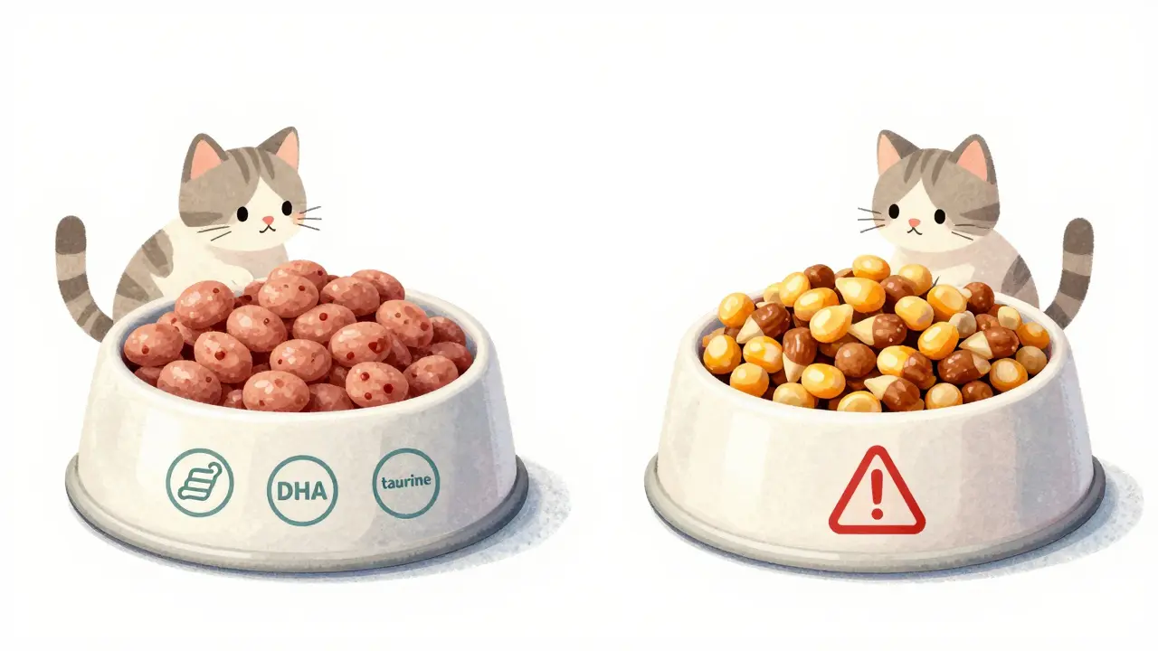 Сравнение двух мисок: один с качественным кормом для котят, другой — с дешёвым кормом, содержащим кукурузу и сою.