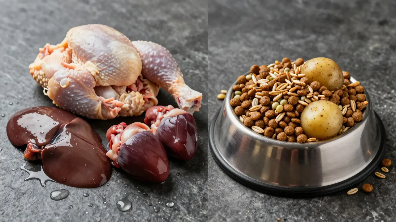 Сравнение натурального сырого рациона кошки и сухого корма с зерном.