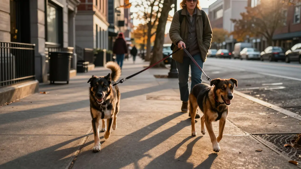 Владелец гуляет с двумя обученными собаками