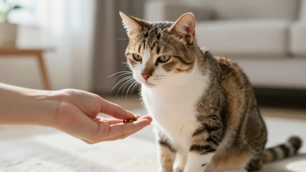 Взрослая кошка спокойно сидит рядом с рукой, предлагающей еду, в тихой комнате.