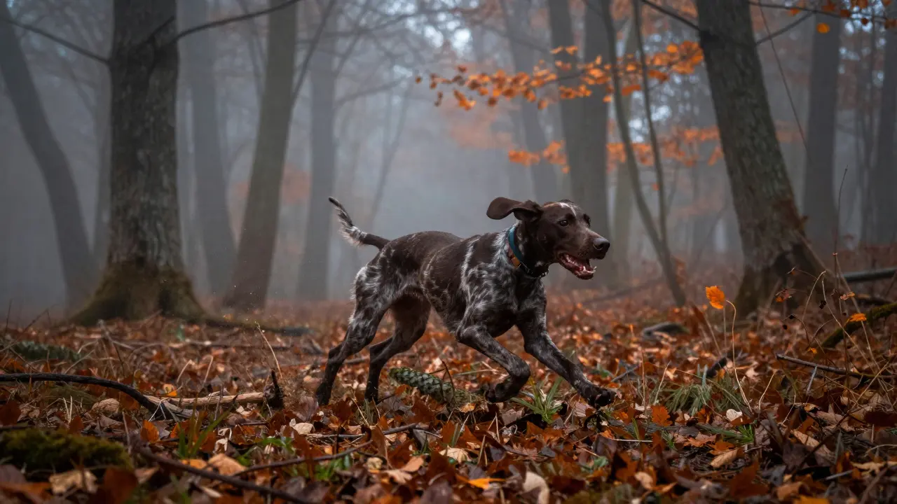 Активная охотничья собака бежит по осеннему лесу