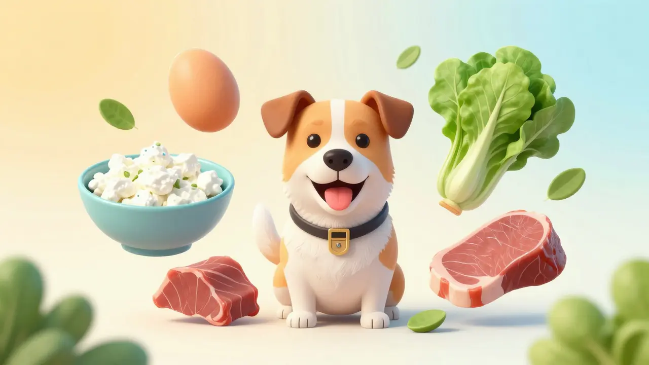 Концепция сбалансированного рациона собаки с творогом, яйцами и мясом