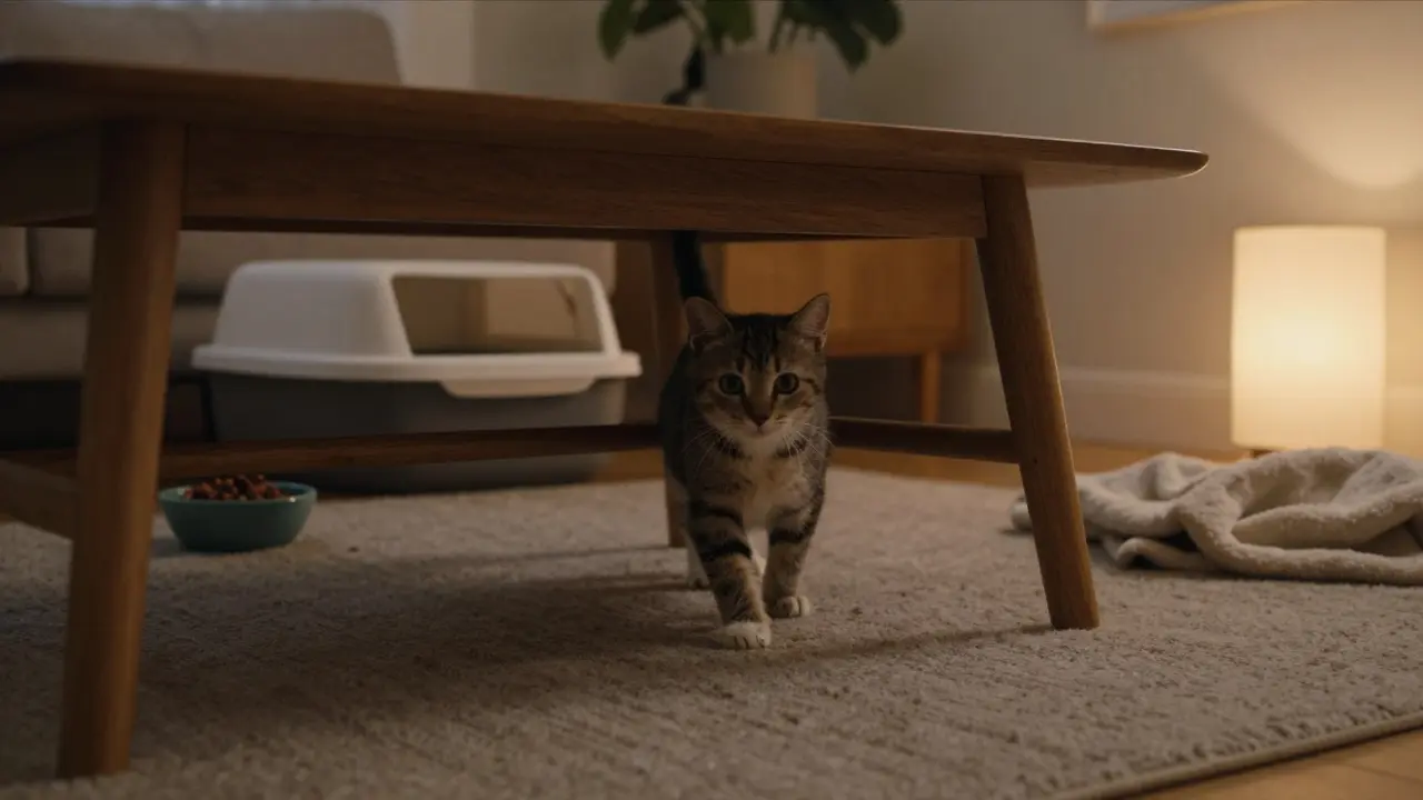 Маленький котенок осторожно выходит из-под стола в новом доме