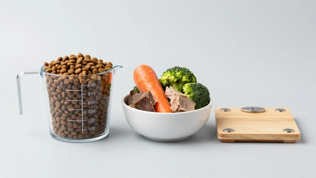 Миска с сухим кормом и натуральными продуктами рядом с весами