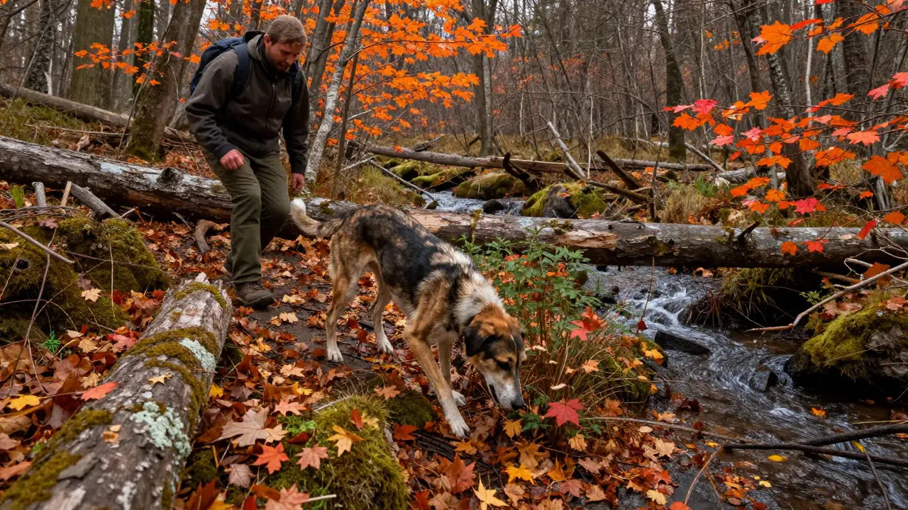 Охотничья собака на тренировке в осеннем лесу