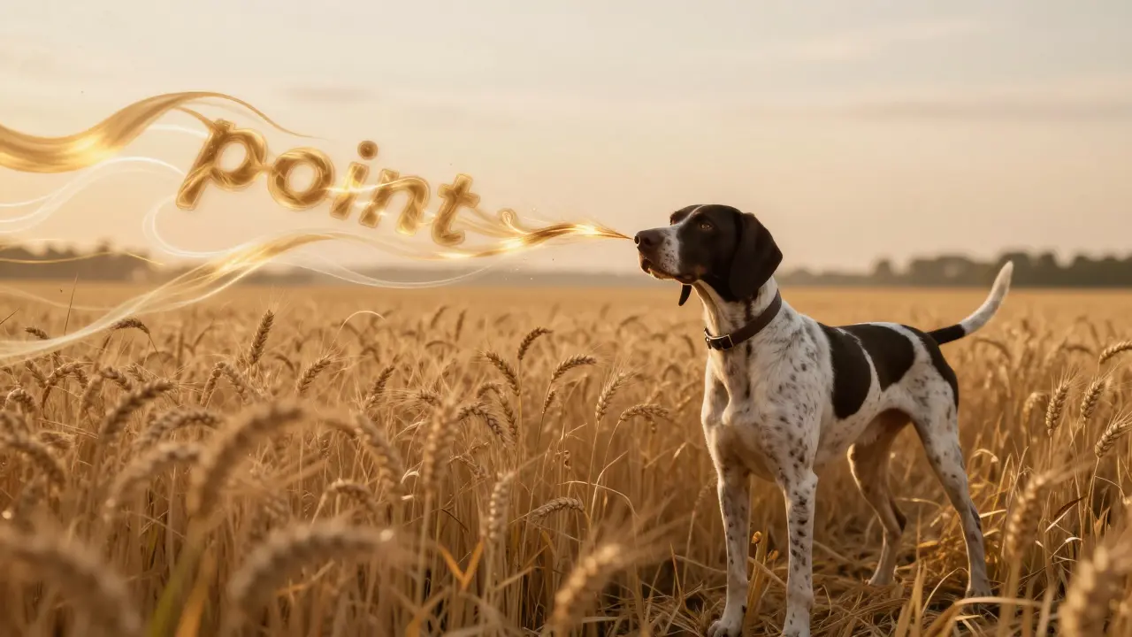 Пойнтер в стойке с визуализированным запахом дичи в поле