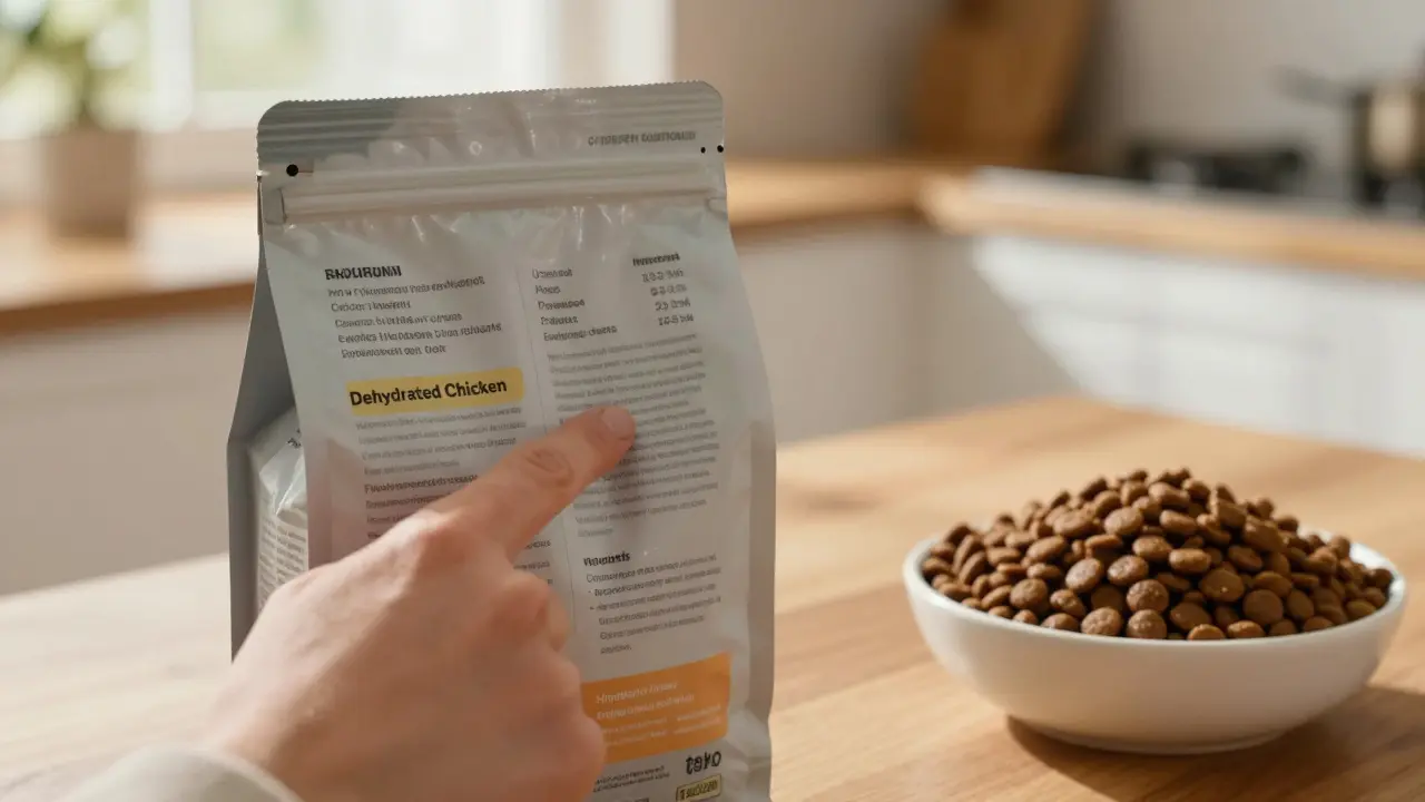 Рука указывает на первый ингредиент в составе корма для кошек на упаковке