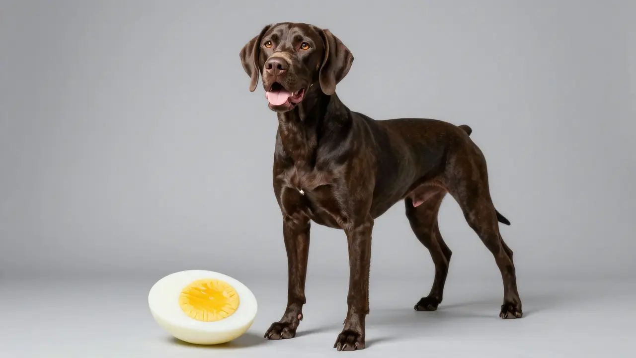 Спортивная охотничьи собака и вареное яйцо на нейтральном фоне