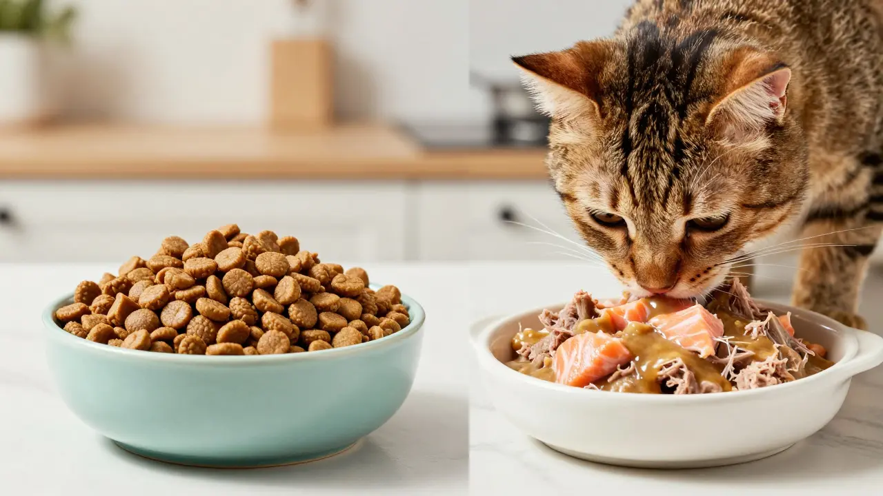 Сравнение сухого и влажного мясного корма для кошек с здоровым питомцем