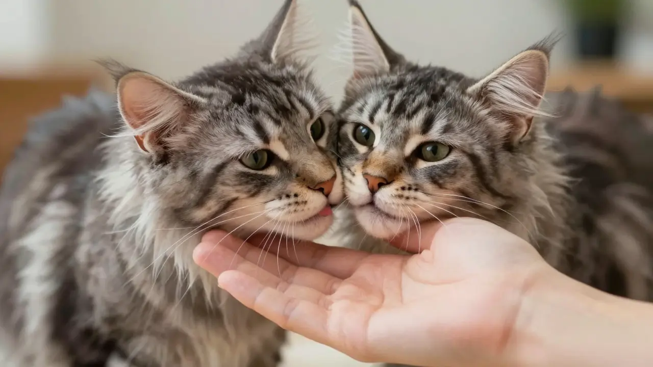 Котенок трется щекой о поднятую ладонь руки