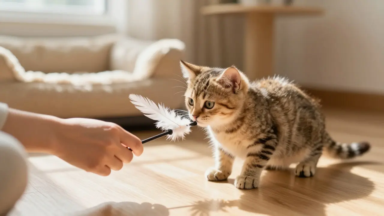 Щенючий котенок осторожно играет с удочкой на полу