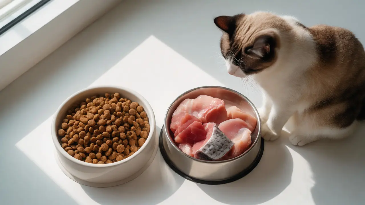 Кошка выбирает свежее мясо вместо сухого корма в двух мисках