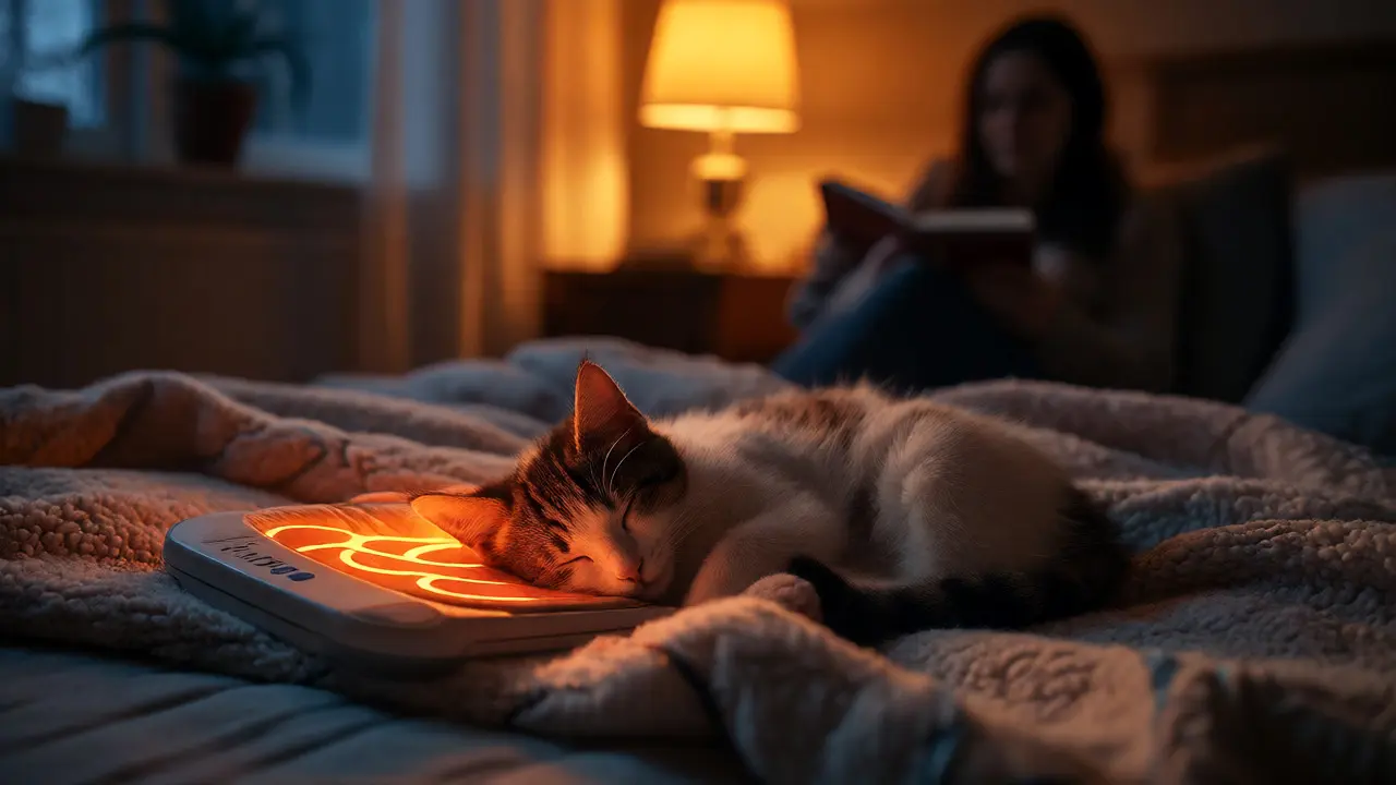 Котенок спит рядом с грелкой при ночнике