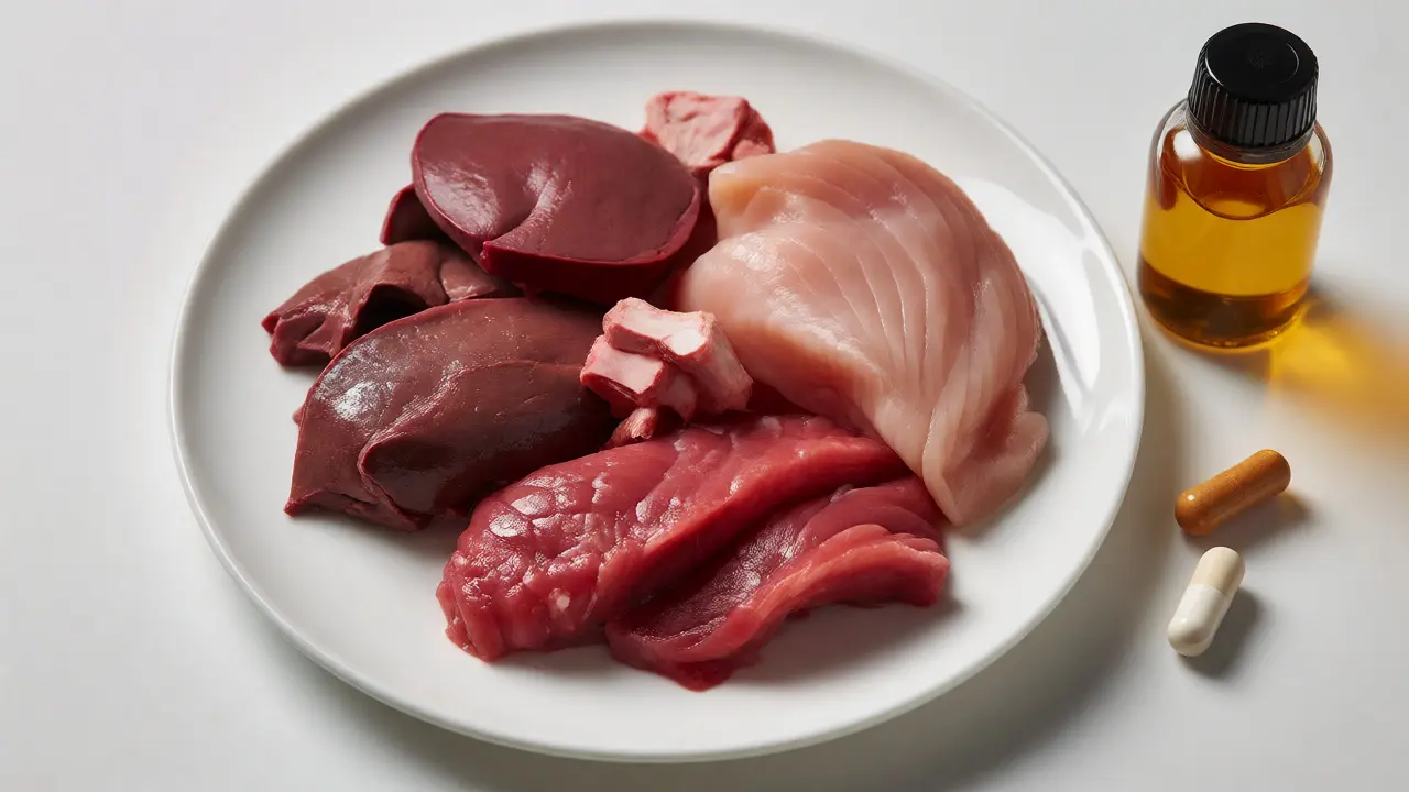 Сбалансированный натуральный рацион для кошки из мяса, субпродуктов и добавок