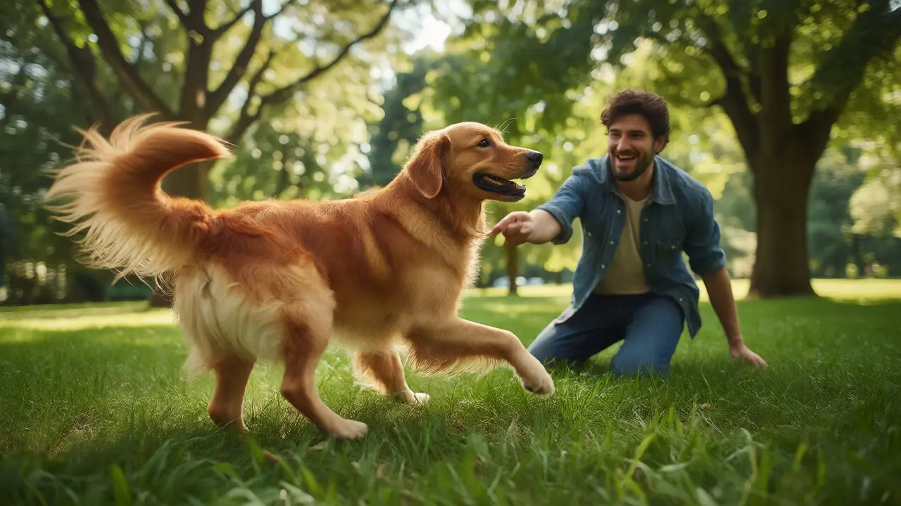 Собака играет с хозяином в парке после короткой команды